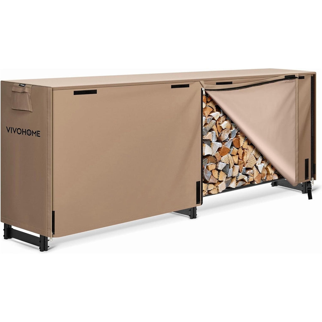 SPECSTAR 8 ft Heavy Duty Firewood Rack Outdoor with Cover, Fire Wood Storage Rack, Log Holder and Cover Combo Set with Zipper, Brown