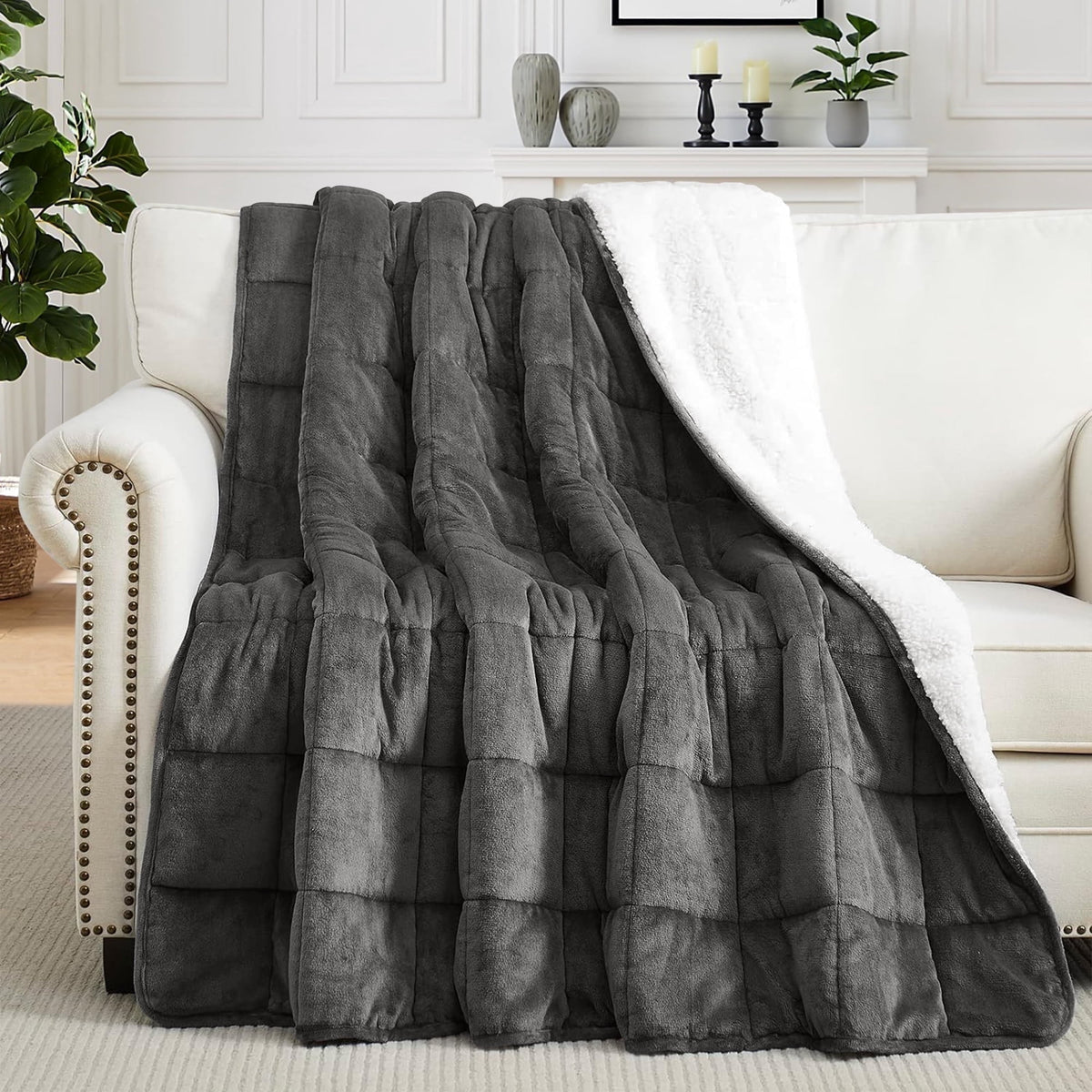 Teler Weighted Blanket for Adult, Fluffy Thick Warm Sherpa & Cozy Flannel Snuggle Heavy Blanket for Sofa Bed Calming, Queen Size (60"x80",20lbs)