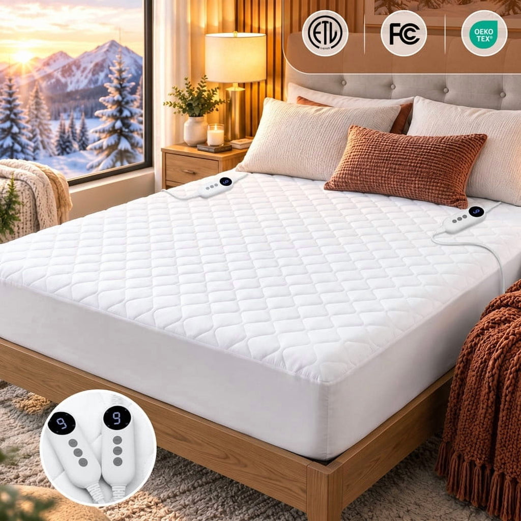 Vccoem California King Heated Mattress Pad, Electric Mattress Pad with 9 Heat Settings & 4 Auto-Off Timers, Dual Controllers, Machine Washable, White