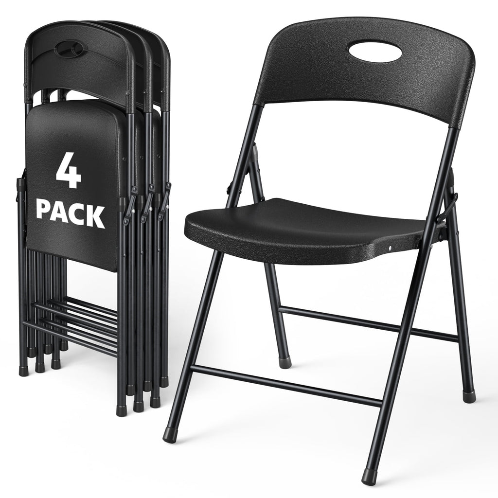 WASUHE 4 Pack Black Folding Chairs with Enhanced Iron Frame, Stackable Plastic Folding Chairs for Party, Wedding, Meeting Room, Weight Capacity 350