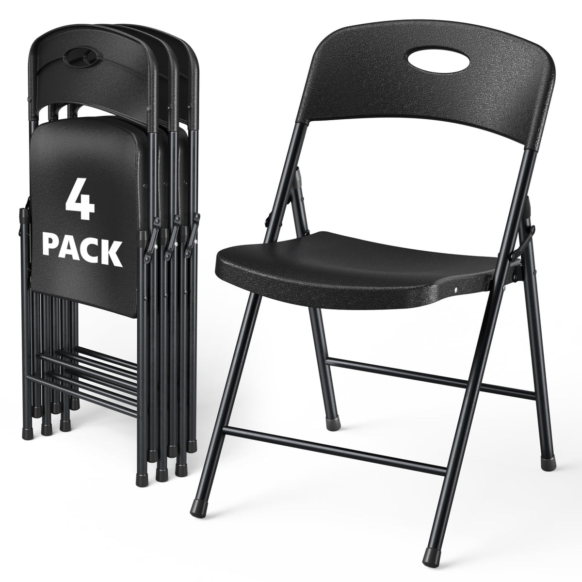 WASUHE 4 Pack Black Folding Chairs with Enhanced Iron Frame, Stackable Plastic Folding Chairs for Party, Wedding, Meeting Room, Weight Capacity 350