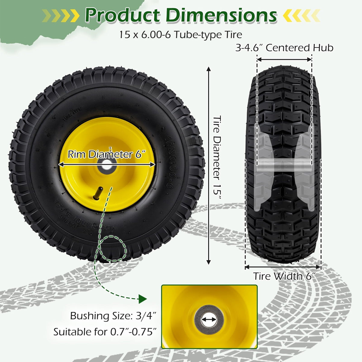 Costway 2 Pack 15 x 6.00-6 Tube-type Tires & Wheels with 3-4.6” Centered Hub, 3/4” Bushing