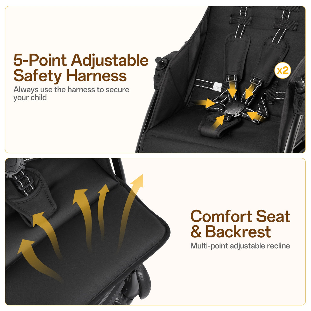 Vomeast Double Stroller for Twins, Foldable Lightweight Travel Stroller for Infant and Toddler, 5-Point Harness, Adjustable Canopy & Reclining Seat