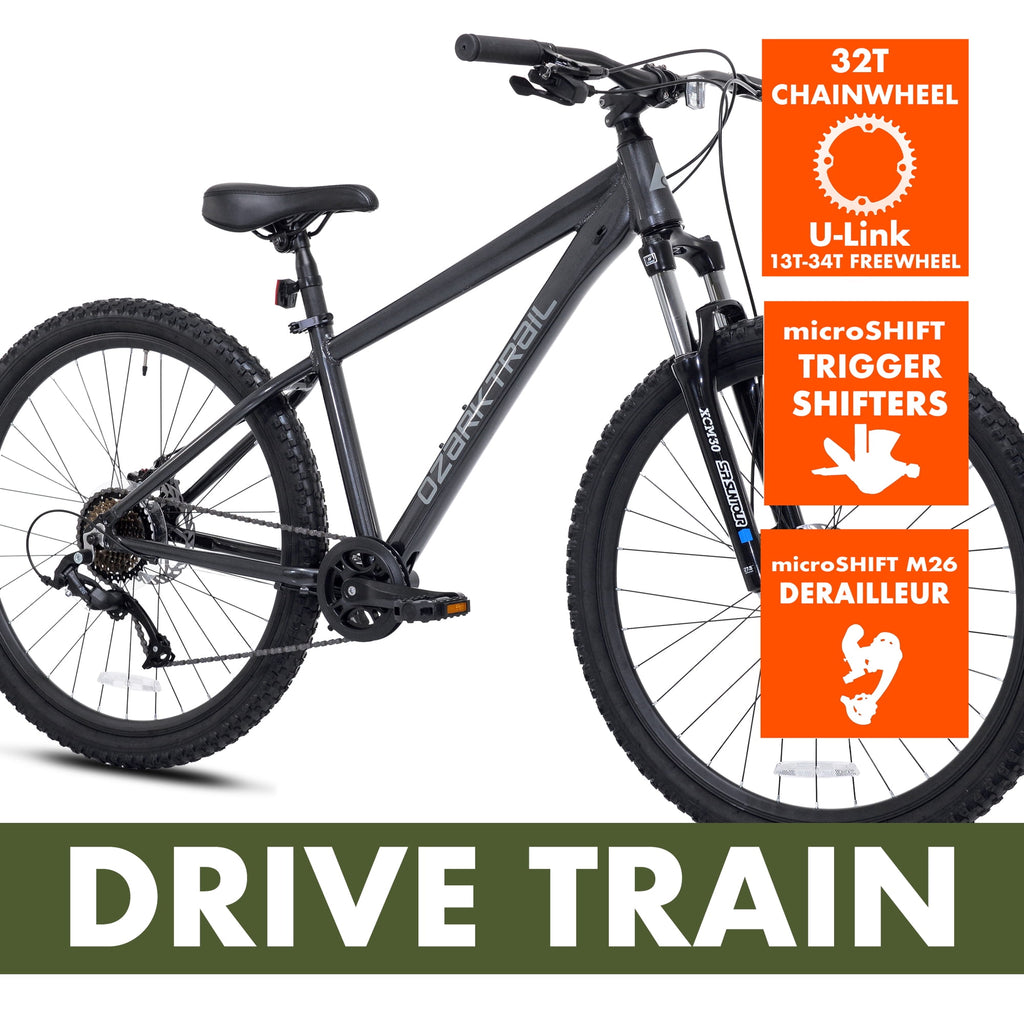 Ozark Trail Timber 27.5 in Mountain Bike, Small Frame, Fits Riders 5 ft 0 in-5 ft 6 in, Black, Adult, Unisex
