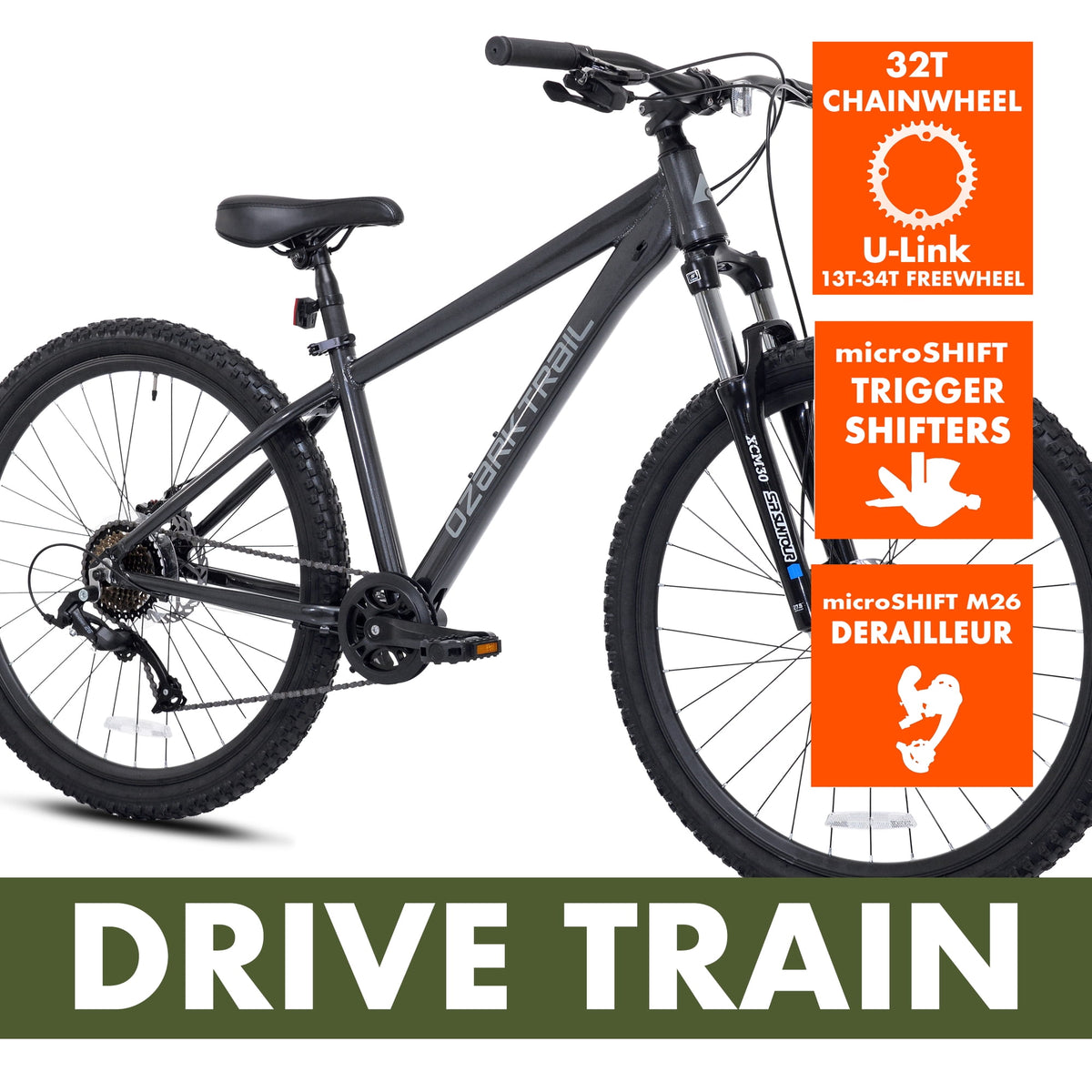 Ozark Trail Timber 27.5 in Mountain Bike, Small Frame, Fits Riders 5 ft 0 in-5 ft 6 in, Black, Adult, Unisex