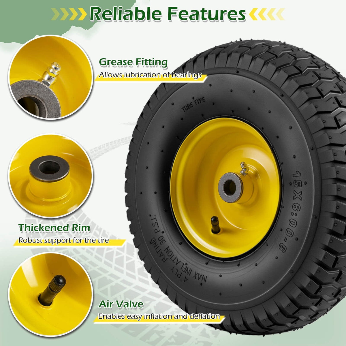 Costway 2 Pack 15 x 6.00-6 Tube-type Tires & Wheels with 3-4.6” Centered Hub, 3/4” Bushing