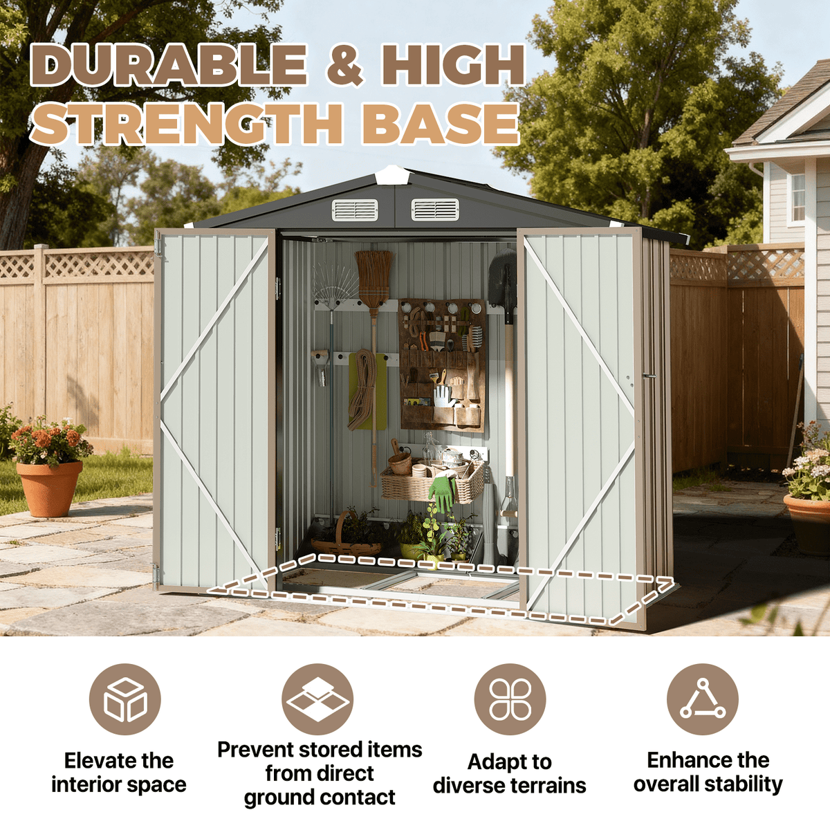BaPiPro 6.2x4 FT Outdoor Storage Shed with Integrated Base - Heavy-Duty Metal Garden Tool Shed with Vents & Secure Locking Doors, Stable Frame