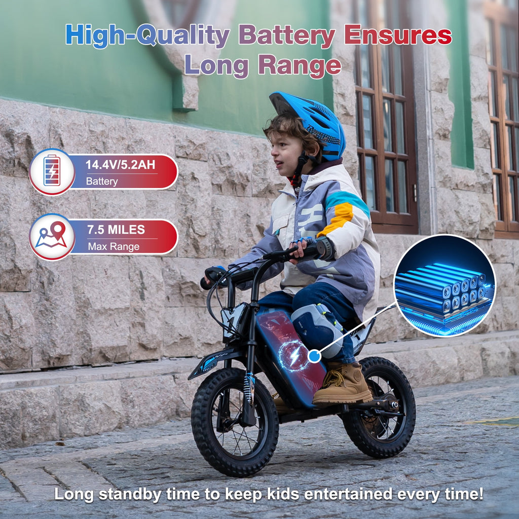 HOVERMAX Electric Dirt Bike for Kids, 150W Motor, Max Speed 10 MPH, Ages 3-7, 14.4V Ride-On Toy with 12" Rubber Wheels