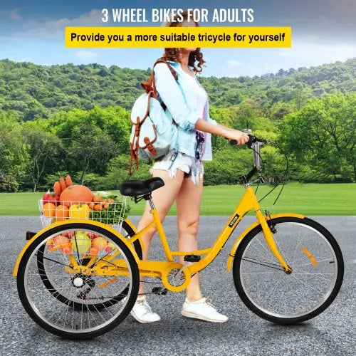 Adult 26-Inch 7-Speed Cruiser Tricycle With Front Basket And Comfort Saddle - Yellow