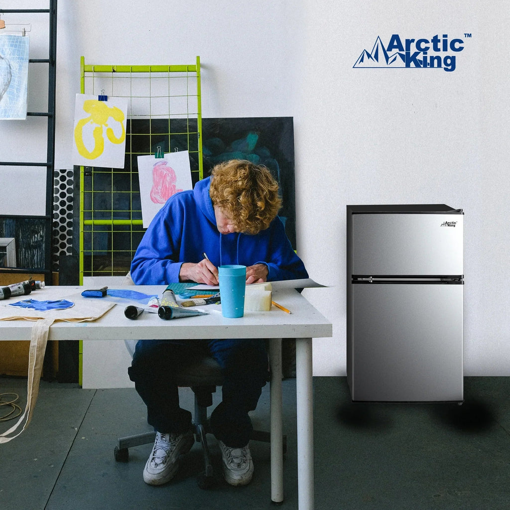 Arctic King Two-Door Mini Fridge With Freezer, 3.2 Cu. Ft., Stainless Steel
