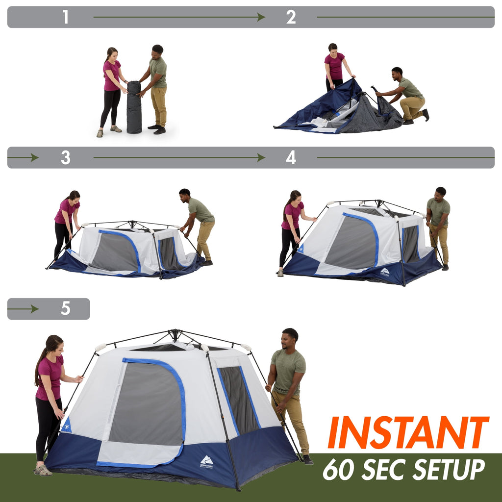 Ozark Trail 8 ft x 7 ft 4-Person Instant Cabin Tent with LED Lighted Hub, Blue/Gray, 19 lb