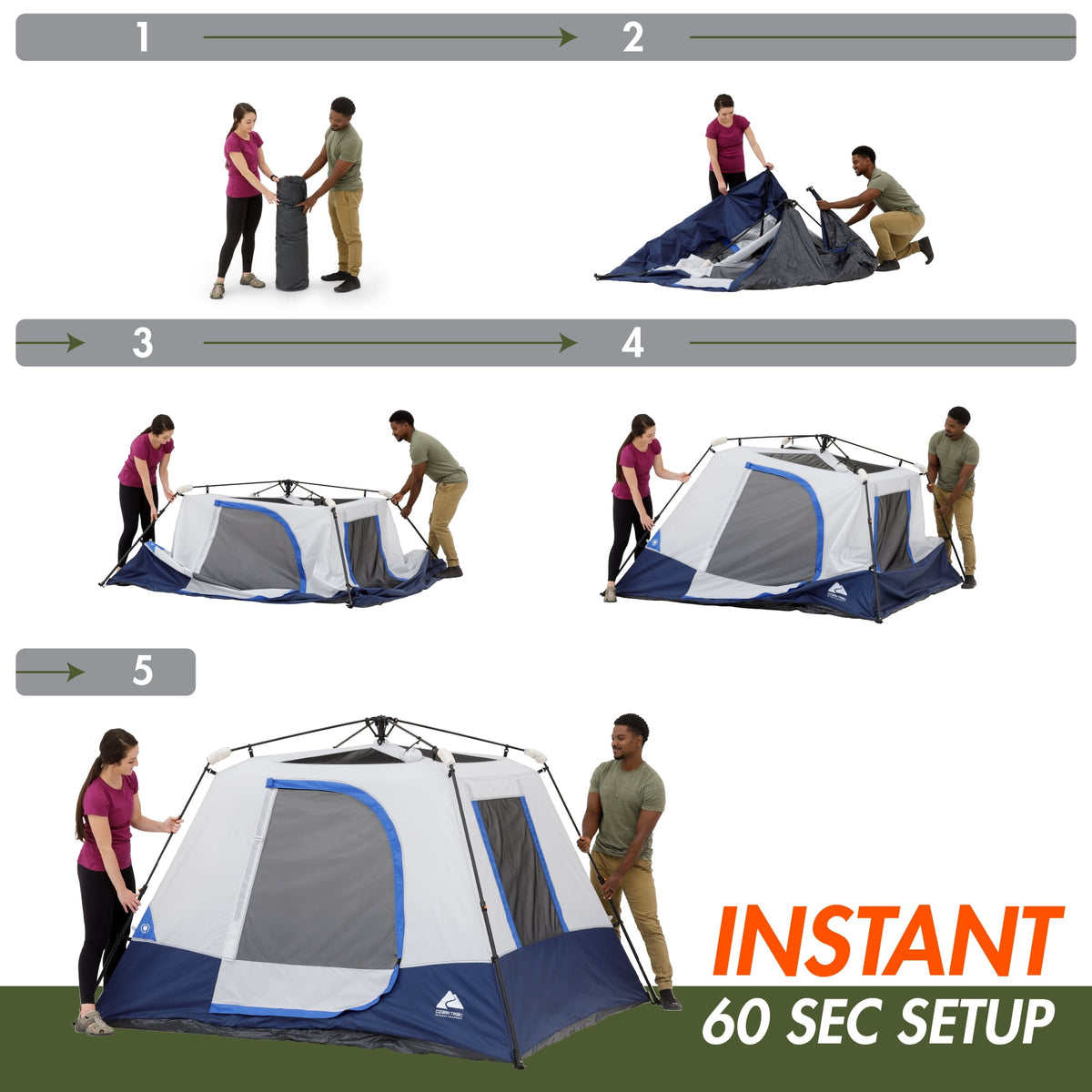Ozark Trail 8 ft x 7 ft 4-Person Instant Cabin Tent with LED Lighted Hub, Blue/Gray, 19 lb