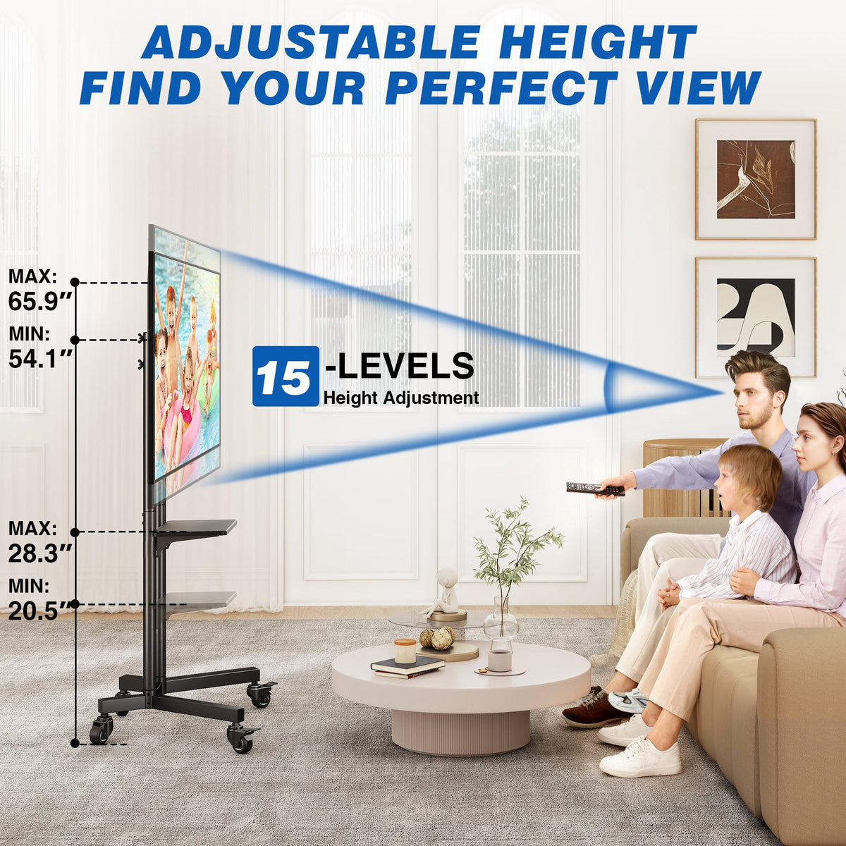 RTVR Modern Rolling TV Cart Stand on Wheels for 32-85 inch TVs, Black Swivel Mount Mobile Base Stand up to 150 lbs