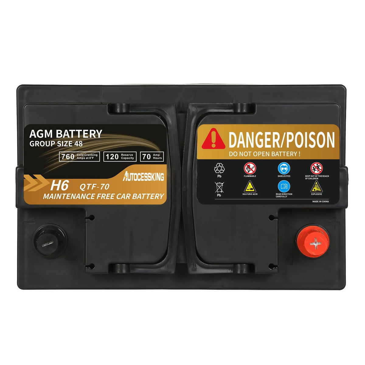 Autocessking Platinum AGM Battery, Group 48 Rechargeable Automotive Batteries for Car, 12 Volt H6 760CCA 70Ah 120RC