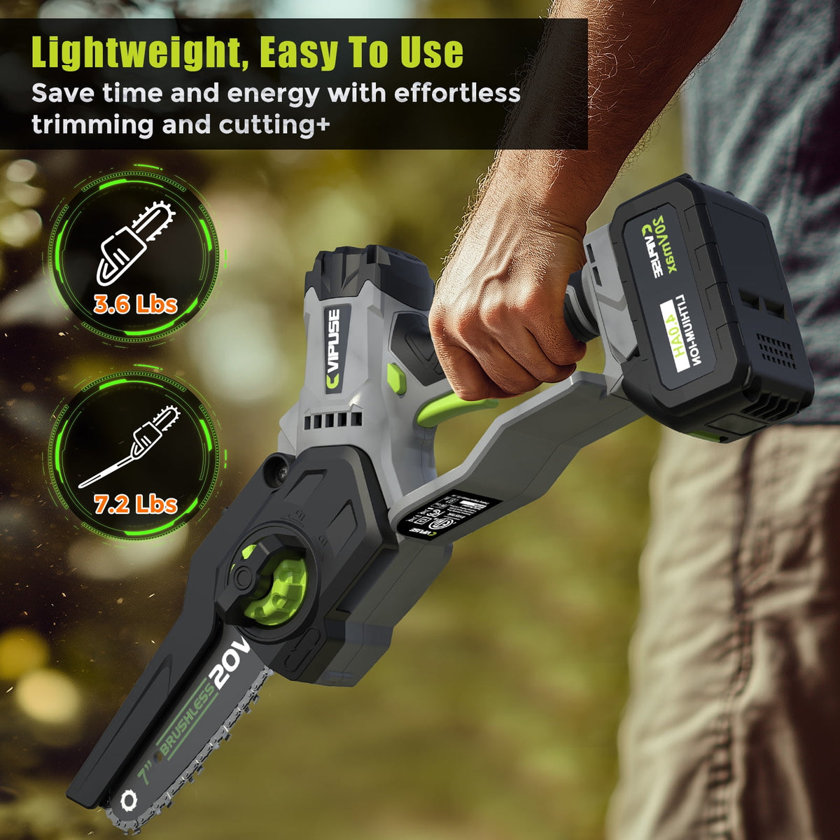 Vipuse 2-in-1 Cordless Pole Saw with 4.0Ah Rechargeable Batteries and 2.0Ah Fast Charger,16ft Max Extension,7 inch Mini Brushless Chainsaws for Tree