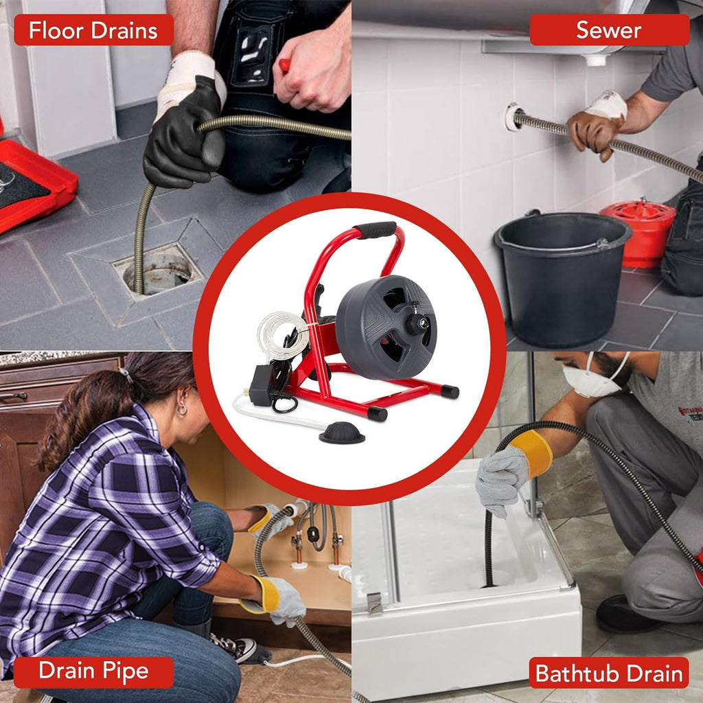 50Ft x 5/16 Inch Drain Cleaner Machine, Professional Electric Drain Auger for 3/4-3 Inch Pipes, Foot Switch with 6 Cutters, Gloves, Drain Auger