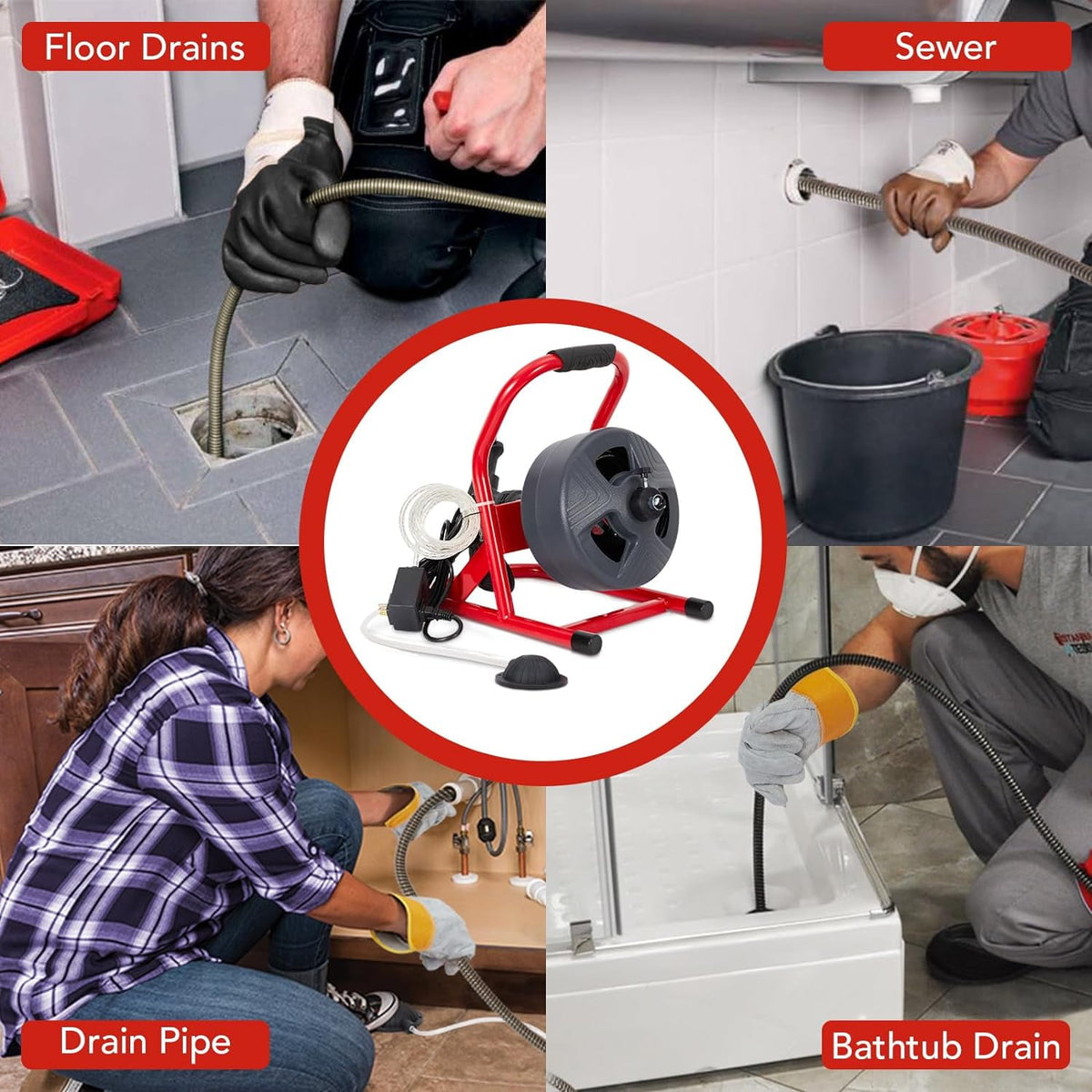 50Ft x 5/16 Inch Drain Cleaner Machine, Professional Electric Drain Auger for 3/4-3 Inch Pipes, Foot Switch with 6 Cutters, Gloves, Drain Auger