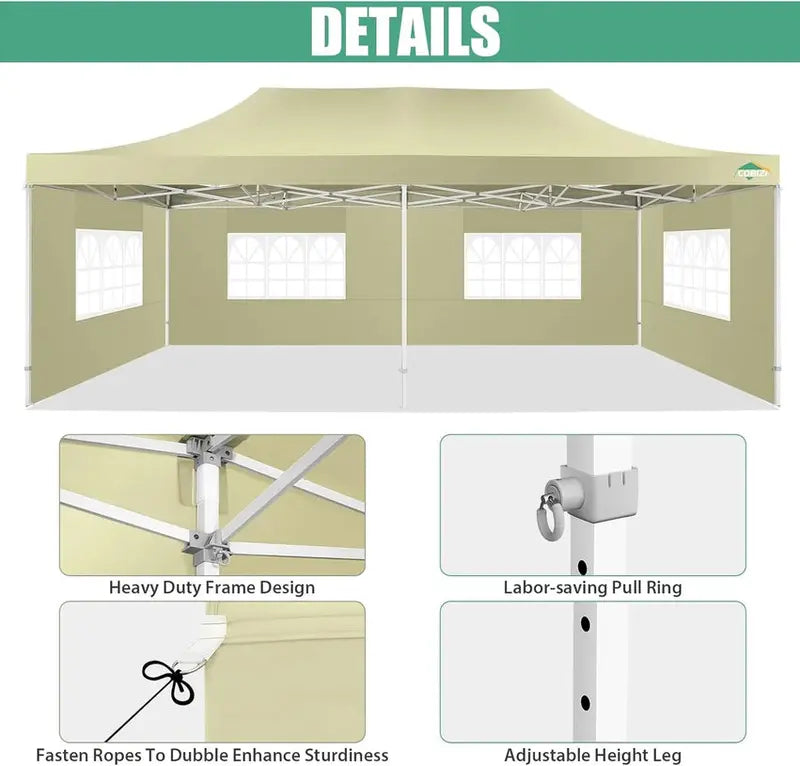COBIZI 10x20 ft Commercial Pop-Up Canopy Tent With 6 Sidewalls And Roller Bag