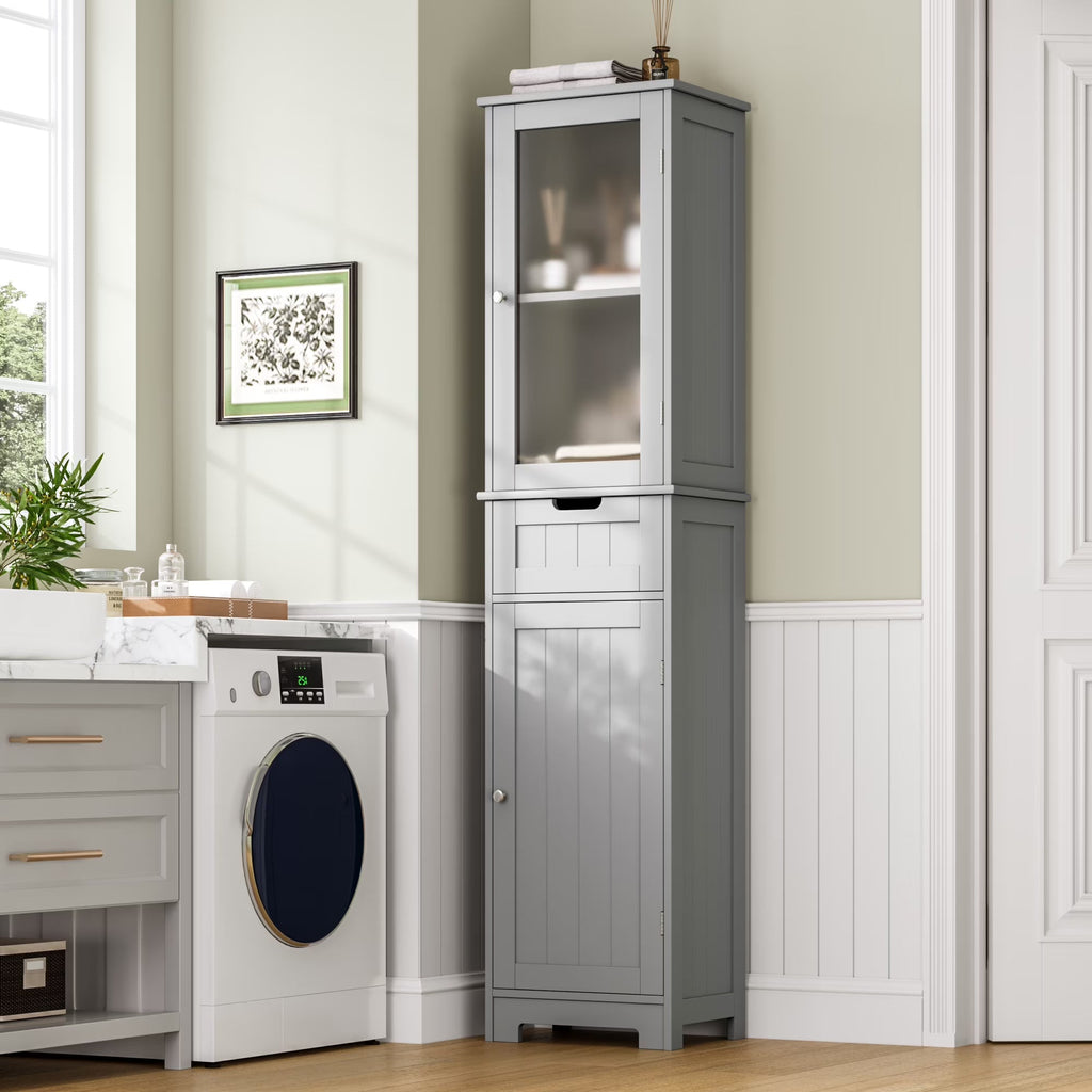 Homfa Tall Narrow Bathroom Storage Cabinet With Door And Drawer, 15.7in L x 11.8in W x 67in H, White