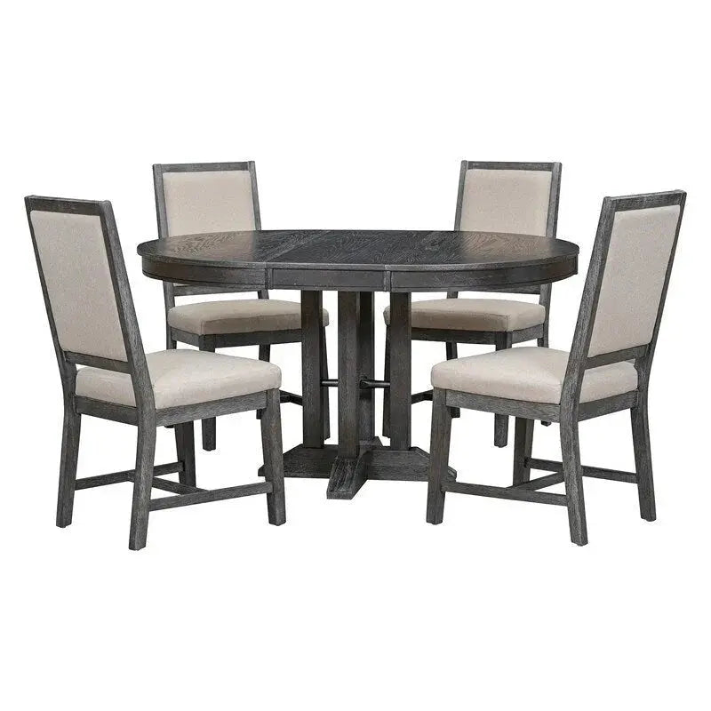 Farmhouse Extendable Round Dining Table Set With 4 Upholstered Chairs - 5-Piece
