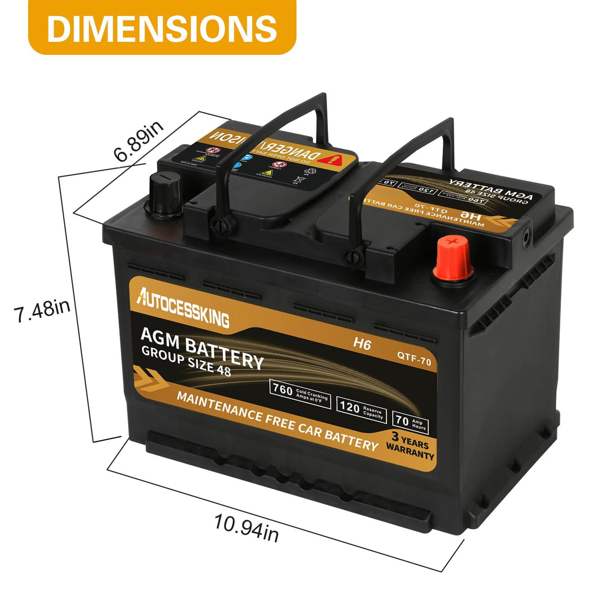 Autocessking Platinum AGM Battery, Group 48 Rechargeable Automotive Batteries for Car, 12 Volt H6 760CCA 70Ah 120RC