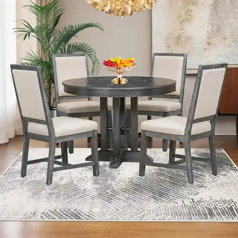 Farmhouse Extendable Round Dining Table Set With 4 Upholstered Chairs - 5-Piece