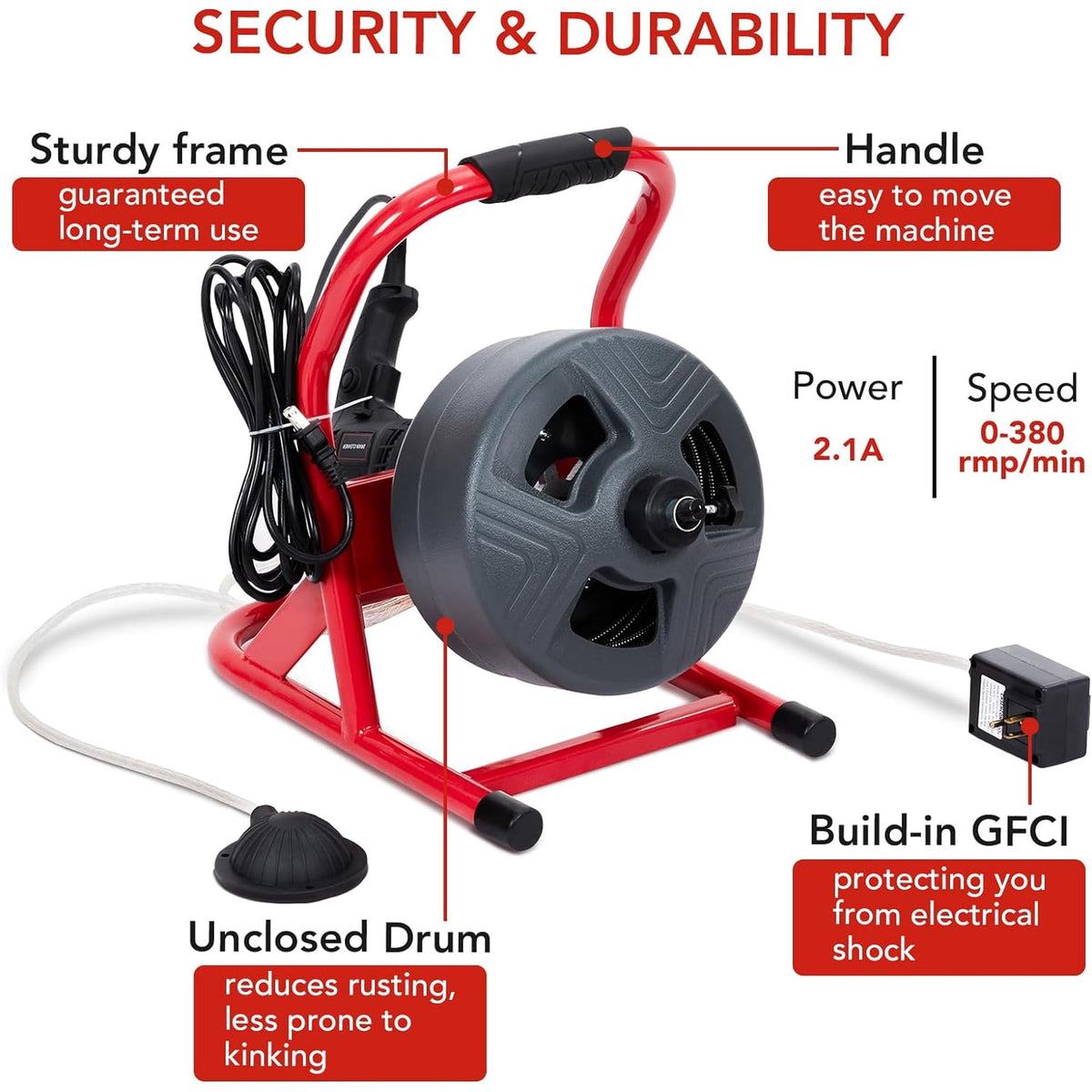 50Ft x 5/16 Inch Drain Cleaner Machine, Professional Electric Drain Auger for 3/4-3 Inch Pipes, Foot Switch with 6 Cutters, Gloves, Drain Auger