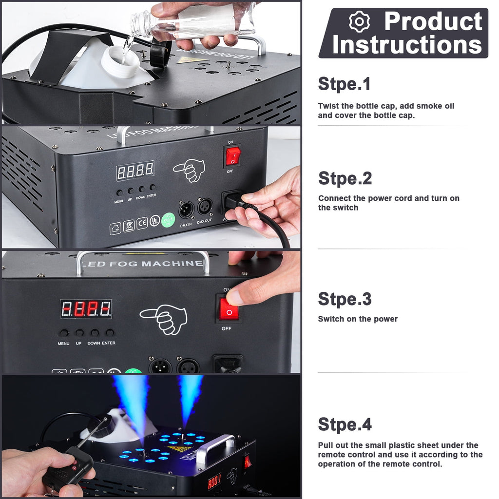 Smoke Machine Fog Machine 2000W Double-tube Adjustable DMX512 RGB 3-in-1 Led Stage Smoke Machines for Party/ Wedding/ Stage
