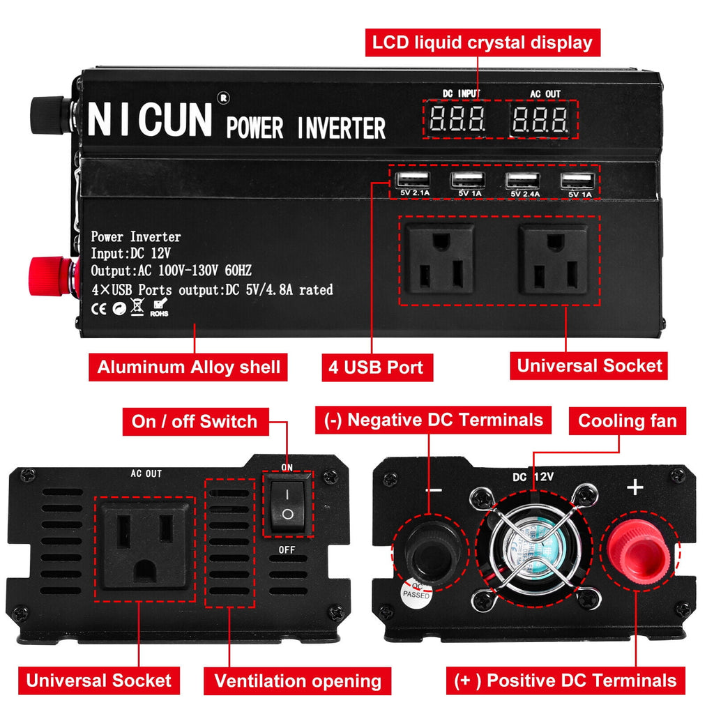 6000W Car Power Inverter DC 12V To 110V AC with Dual Outlets and USB Charger, High-Capacity Power Converter for Vehicles Trucks Camping and Outdoor