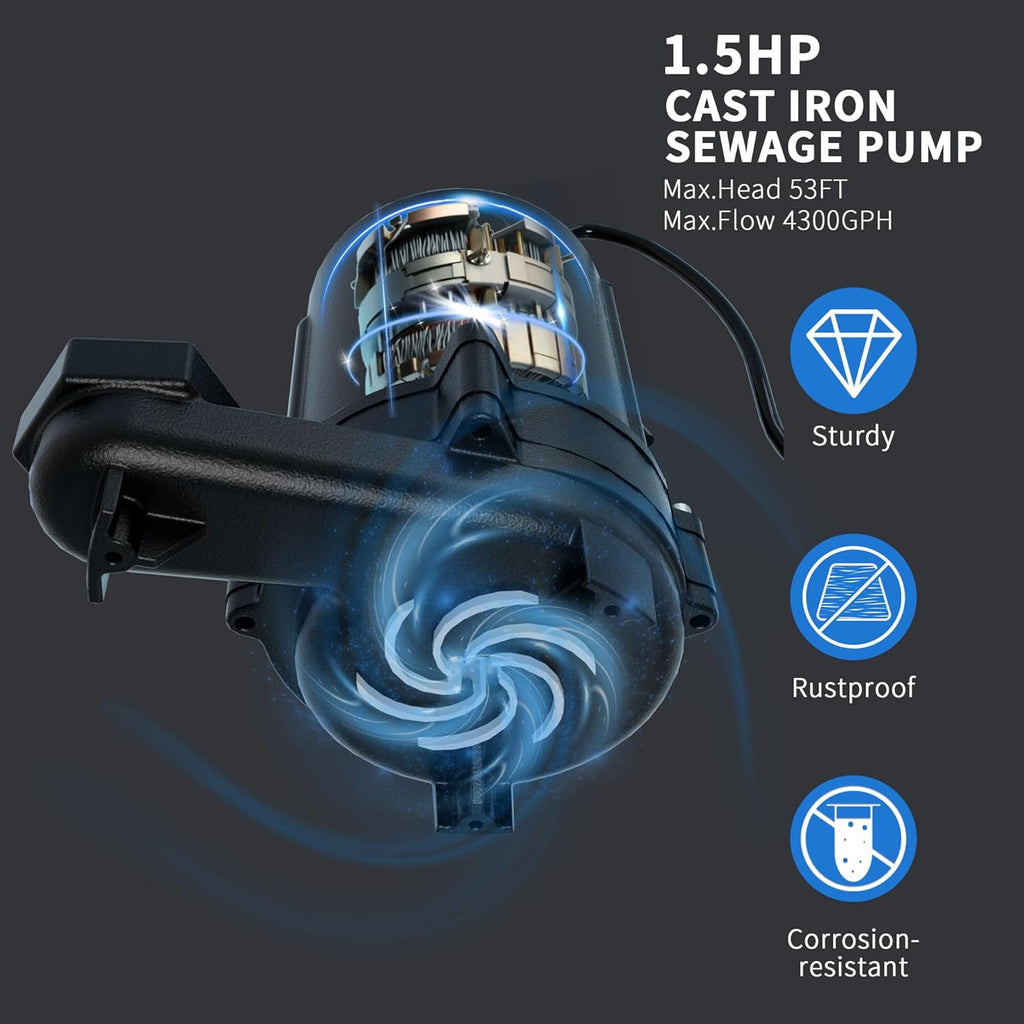 LANCHEZ 1.5 HP Submersible Cast Iron Sewage/Effluent Pump, 4300 GPH Heavy Duty Sump Pump with Piggy Back Tether Float Switch, Idea for Basement