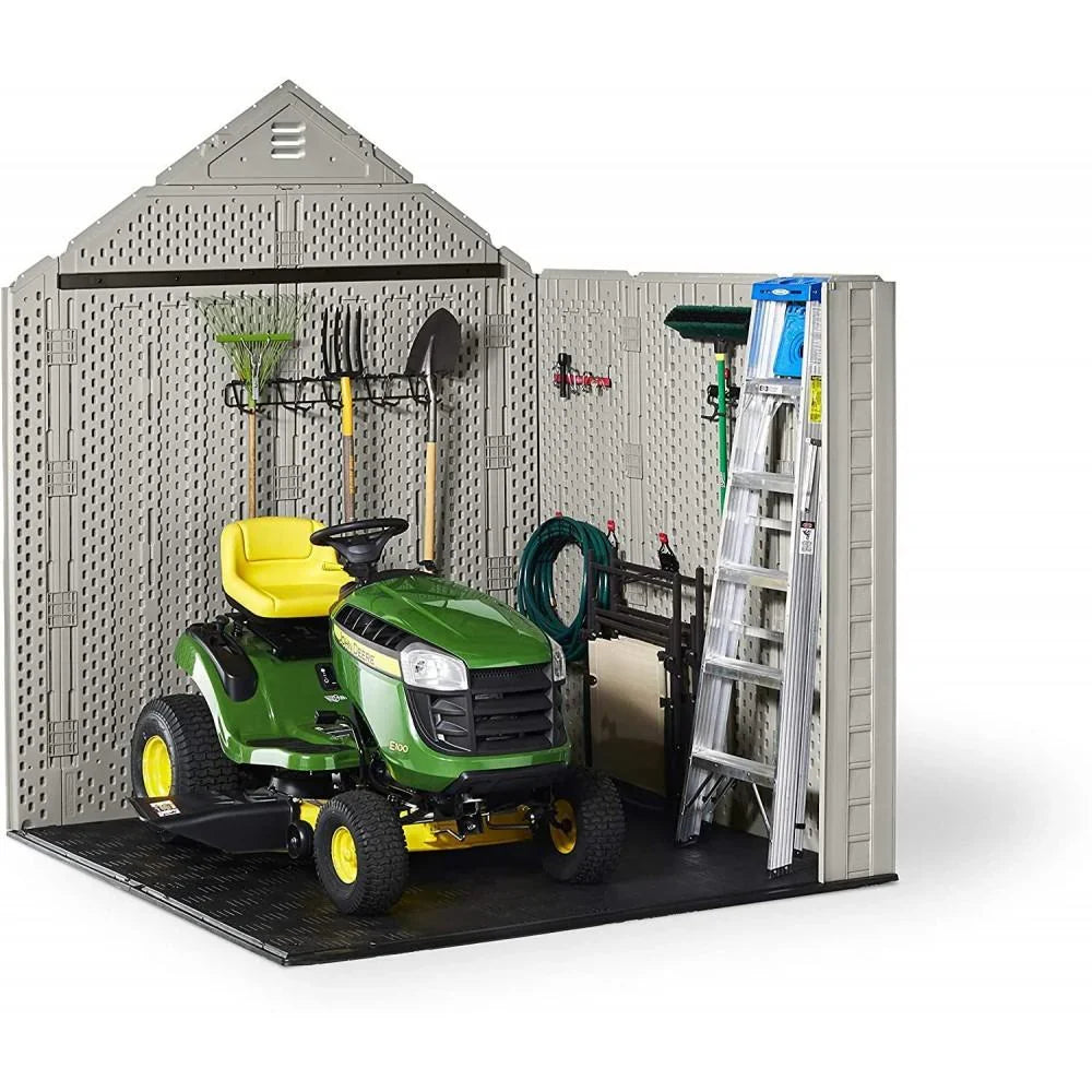 Rubbermaid Resin Outdoor Garden Storage Shed With Windows And Utility Hooks, Sand - 7x7 Ft