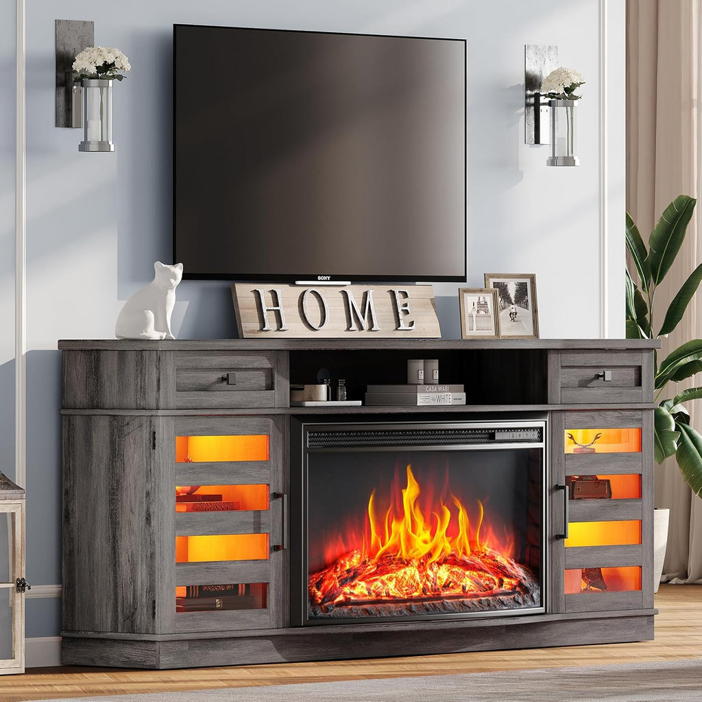 AMERLIFE 70in Farmhouse Fireplace TV Stand With 36in Curved Electric Fireplace, 2 Drawers, Wash Gray