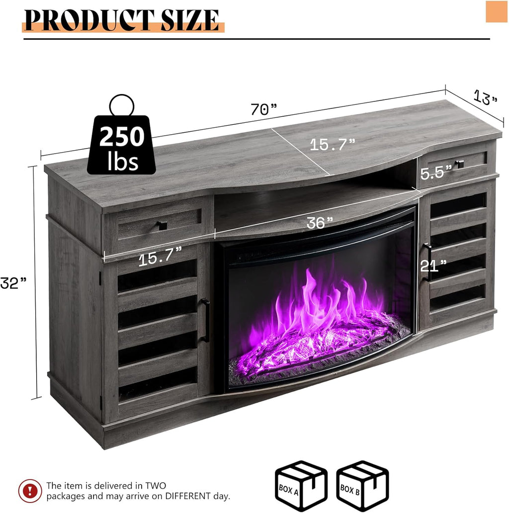 AMERLIFE 70in Farmhouse Fireplace TV Stand With 36in Curved Electric Fireplace, 2 Drawers, Wash Gray