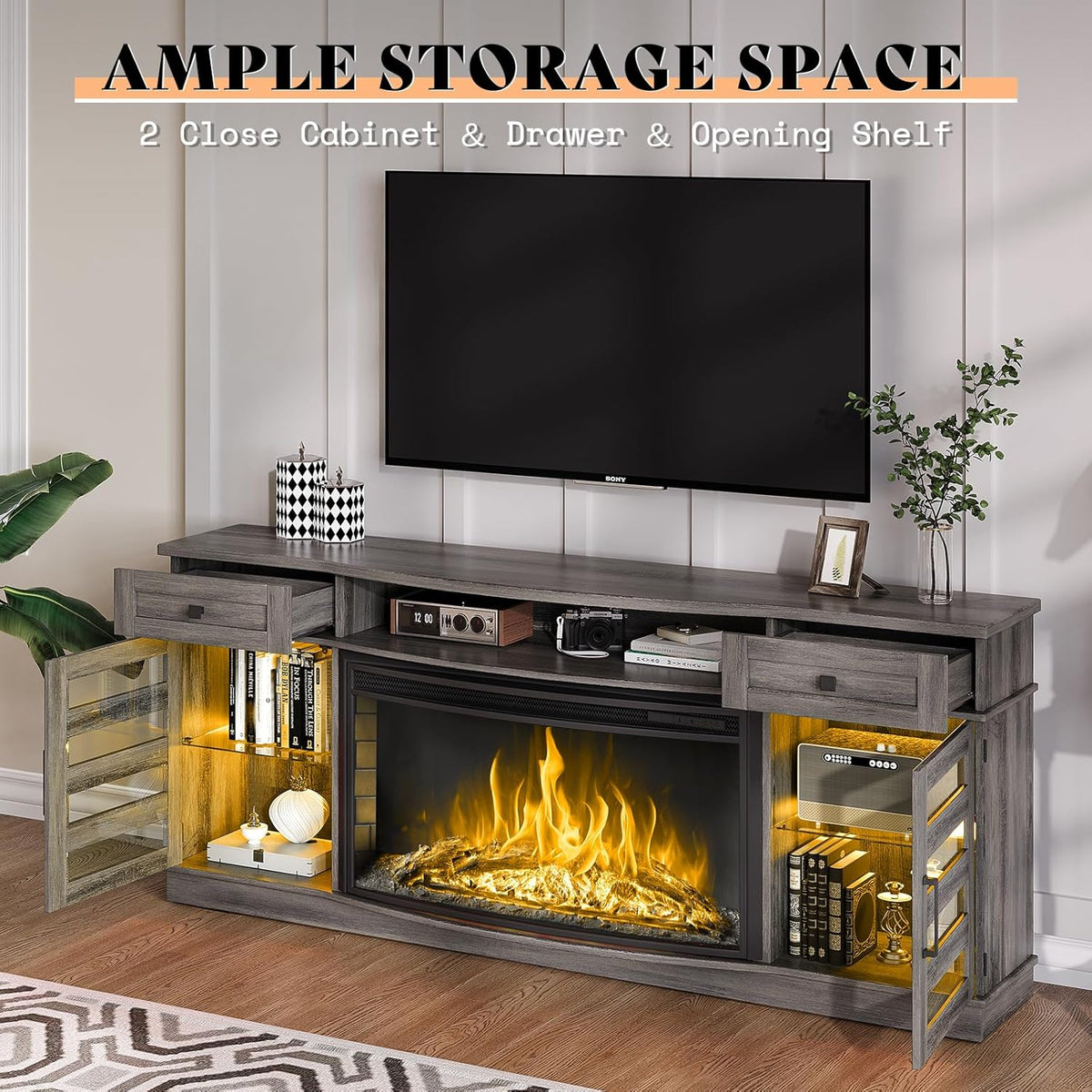 AMERLIFE 70in Farmhouse Fireplace TV Stand With 36in Curved Electric Fireplace, 2 Drawers, Wash Gray