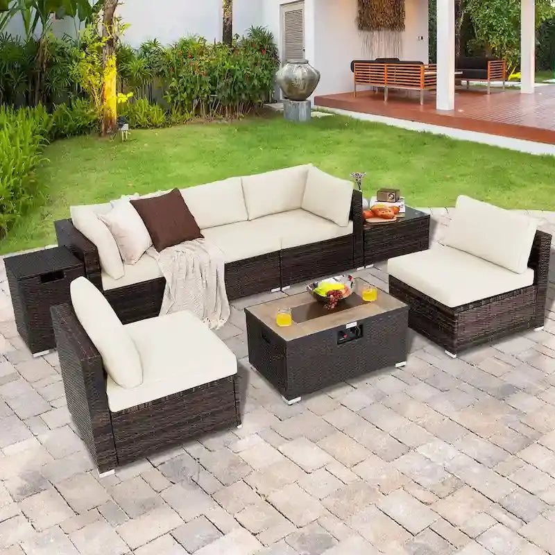 8-Piece All-Weather PE Rattan Patio Conversation Set With Fire Pit Table, Tank Holder And Cover
