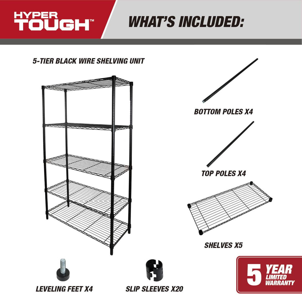 Hyper Tough 5-Tier Wire Storage Shelves, 36 in W x 16 in D x 72 in H, 1750 lb Load Capacity, Black