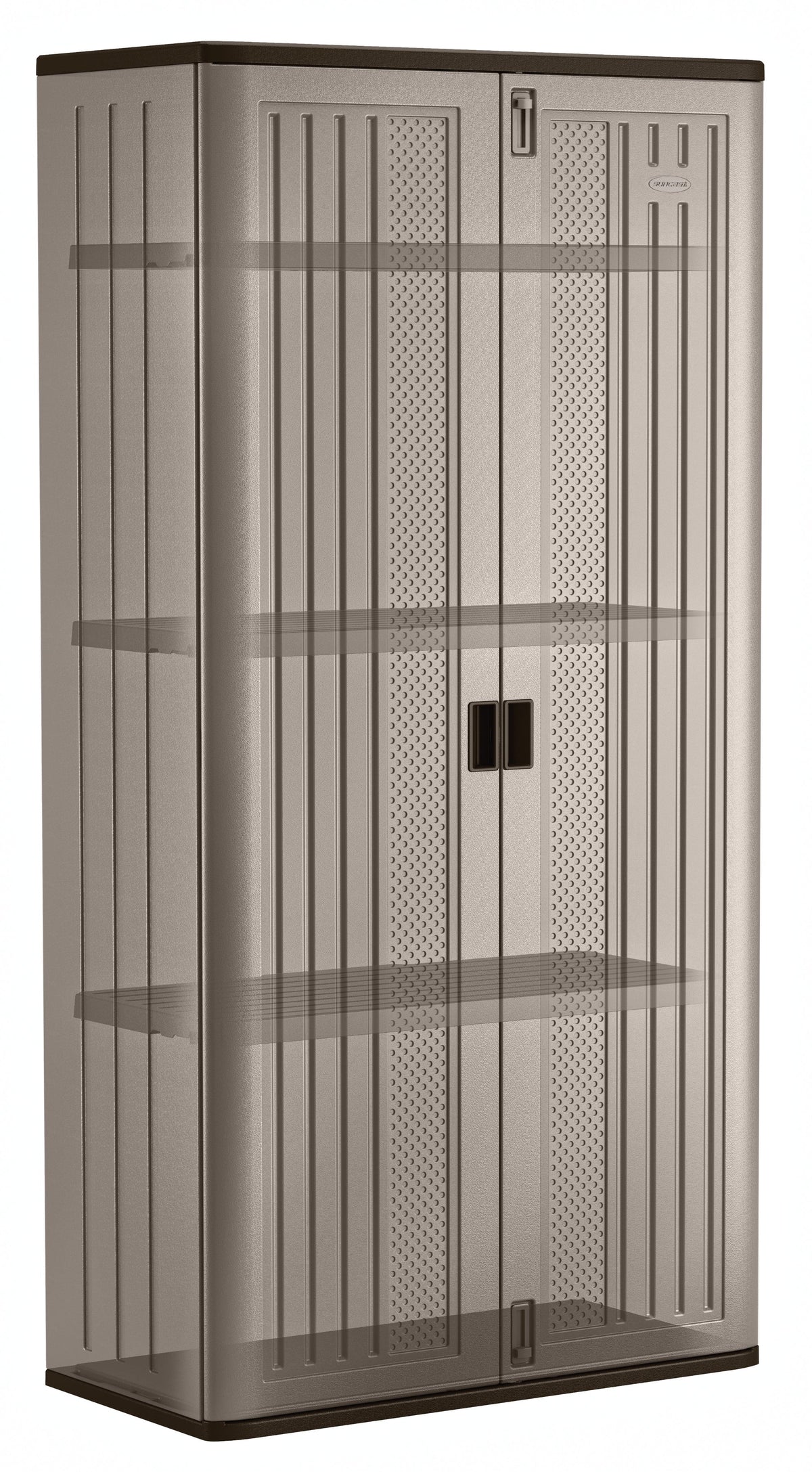 Suncast Mega Tall Resin Outdoor Storage Cabinet With 3 Shelves, Platinum Metallic