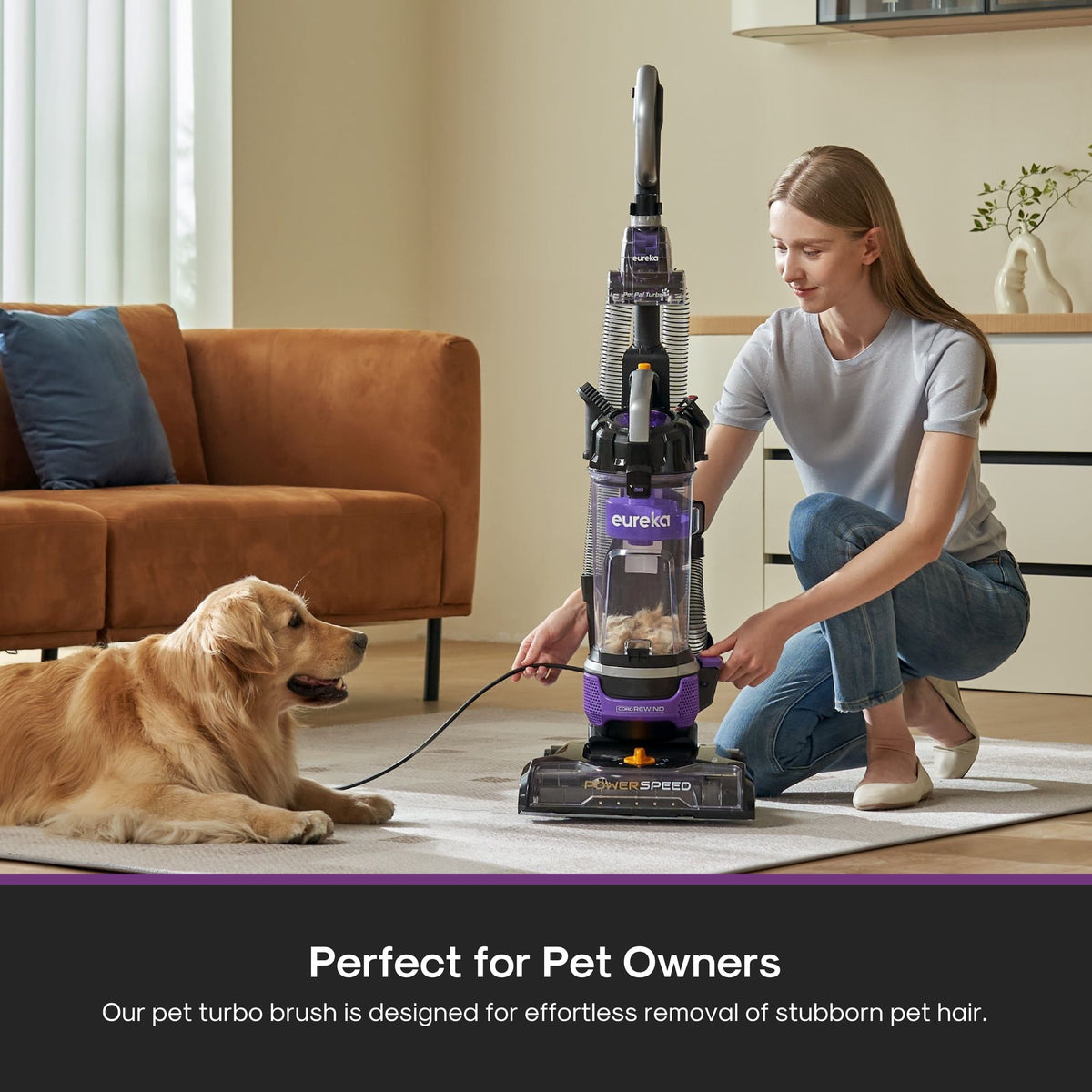 Eureka PowerSpeed Multi-Surface Upright Vacuum Cleaner with Cord Rewind, Turbo Pet Tool, Crevice Tool, Dusting Brush and Upholstery Brush, Purple