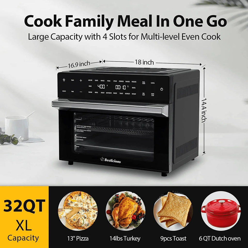 Beelicious 32QT Air Fryer Toaster Oven With Rotisserie And Dehydrator, 6 Accessories, 1800W, Black