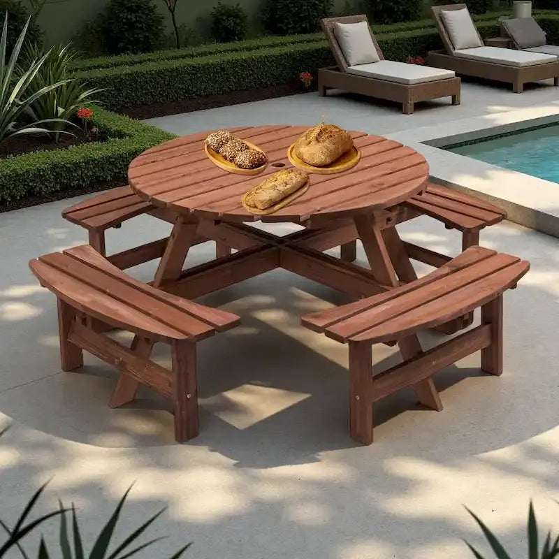 8-Person Fir Wood Round Picnic Table Set With 4 Built-In Benches And Umbrella Hole