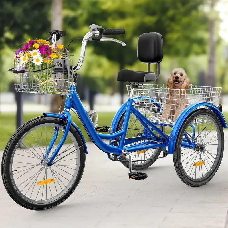 26-Inch Adult Tricycle - 7-Speed Heavy-Duty 3-Wheeled Bicycle