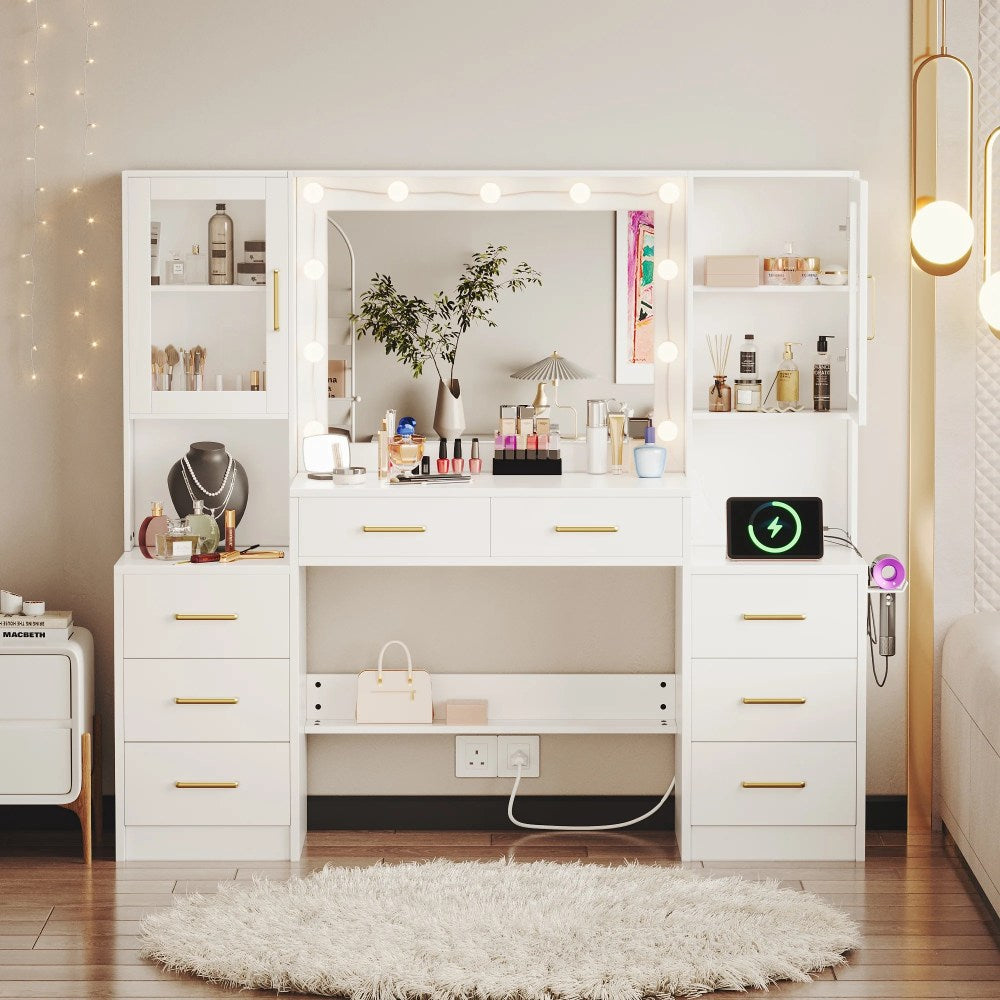 UGTOO LED Makeup Vanity Desk With Mirror, 58.27in, 10 Adjustable LED Bulbs, 8 Drawers, 2 Cabinets, White
