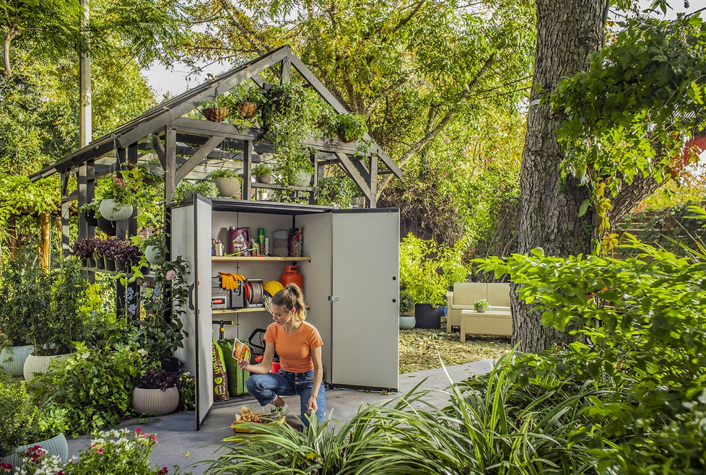 Keter Premier Tall Vertical Resin Outdoor Storage Shed With Floor And Locking Double Doors - Grey