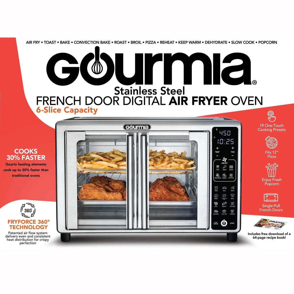 Gourmia French Door Digital Toaster Oven Air Fryer, 6-Slice, 24L, Stainless Steel - GTF2440