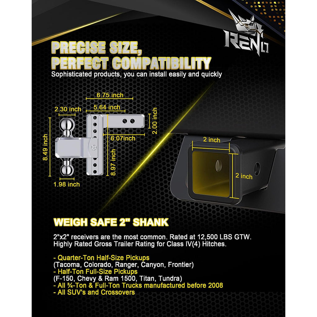 RENO Adjustable Trailer Hitch, Aluminum Dual-Balls with 2 Inch and 2-5/16 Inch, 6" Rise/Drop Hitch Ball Mount for 2" Receiver - 12,500 lbs Towing