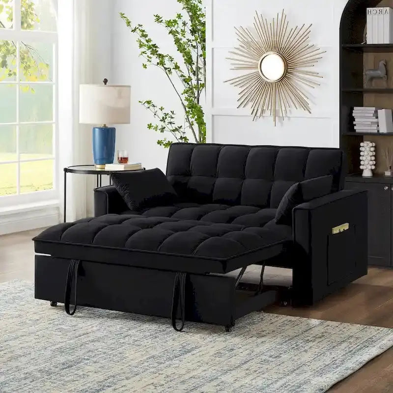 Velvet Pull-Out Sleeper Loveseat - Convertible Reclining Couch With Dual Side Storage Pockets