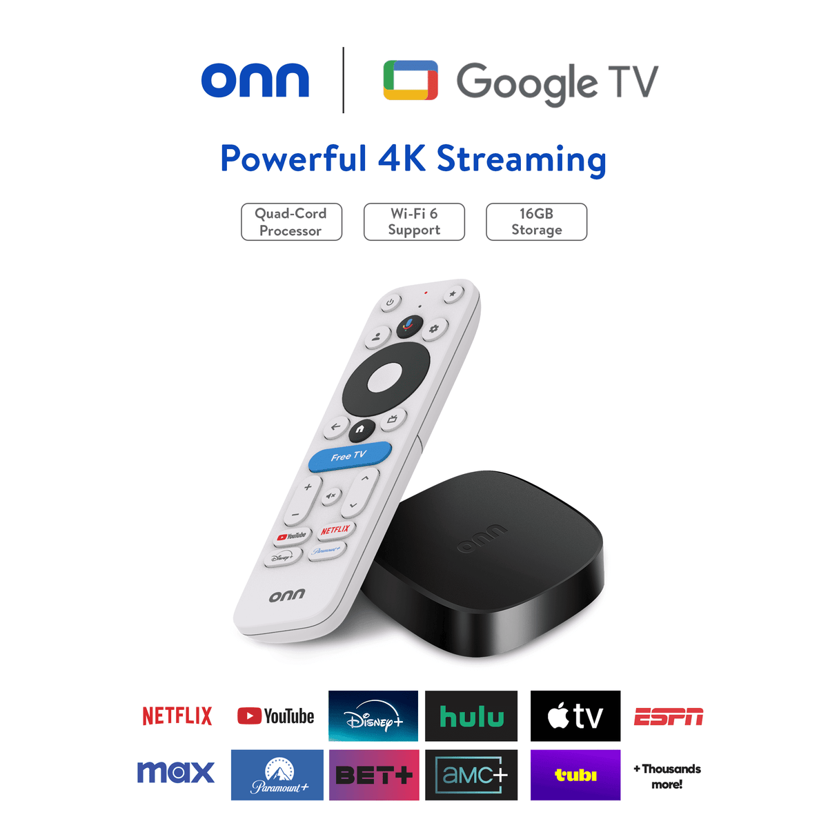 onn 4K Plus Streaming Device, Google TV - Ultra-fast Streaming, Stunning 4K UHD, 16GB Storage, 2GB RAM, Dolby Vision & Atmos, Remote with Voice