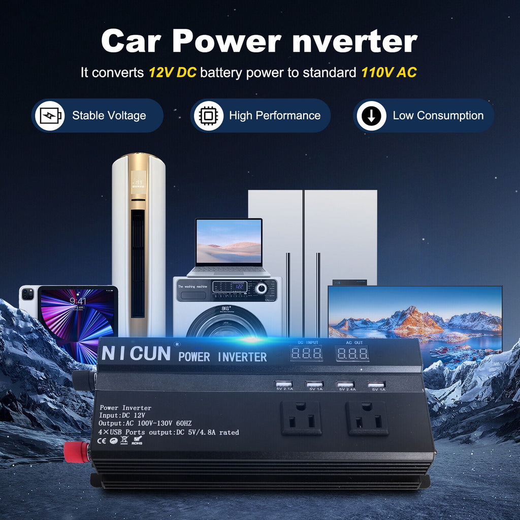 6000W Car Power Inverter DC 12V To 110V AC with Dual Outlets and USB Charger, High-Capacity Power Converter for Vehicles Trucks Camping and Outdoor