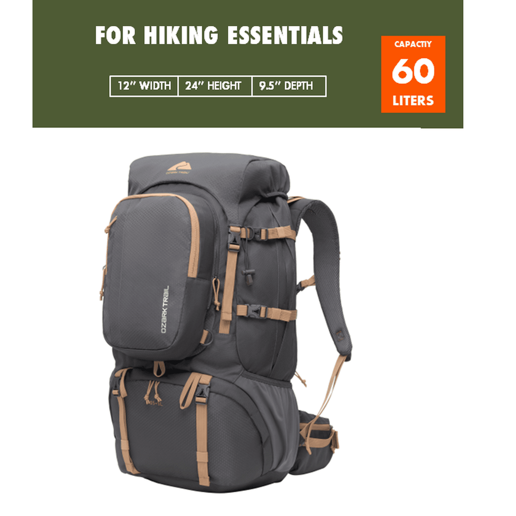 Ozark Trail Adult 60L Hiking Backpack, 420D Hexagon/600D Polyester, Tan and Gray