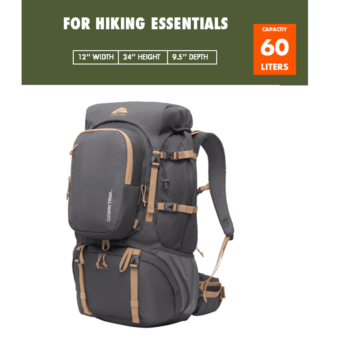 Ozark Trail Adult 60L Hiking Backpack, 420D Hexagon/600D Polyester, Tan and Gray